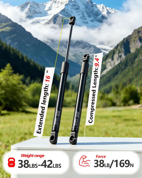 16 Inch 38 Lb Gas Struts Direct Replacement for Truck Cap Camper Shell Leer Topper, mountain background, extended and compressed chart