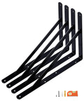 Set Of Four 18 Inch Heavy Duty Shelf Brackets Black Powder Coated Steel Wall Mounts For Garage Floating Shelves 1200 Pound Capacity Built Like A Tank Storage Gear For Home And Shop, showing black brackets and installation hardware.
