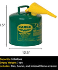 Heavy Duty 5 Gallon Type I Green Safety Gas Can That Keeps The Mess Away Built Like A Tank For Oil And Flammable Fluids Features Lock Tight Self Closing Spout Cap Designed To Prevent Spills And Ready For Any Job Site with funnel