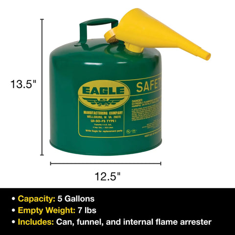 Heavy Duty 5 Gallon Type I Green Safety Gas Can That Keeps The Mess Away Built Like A Tank For Oil And Flammable Fluids Features Lock Tight Self Closing Spout Cap Designed To Prevent Spills And Ready For Any Job Site with funnel