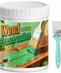 No Sweat Heavy Duty Green Wood Stain And Deck Sealant For Exterior Fences Porch Boards And Patio Decks Zero VOC Matte Finish in a bucket with a brush.