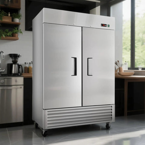 54 Inch Heavy Duty Commercial Upright Freezer With Double Door showcasing sleek stainless steel exterior and digital display.