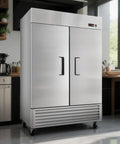 Fifty Four Inch 49 Cubic Foot Upright Commercial Freezer With Two Solid Stainless Steel Doors in a modern restaurant kitchen.