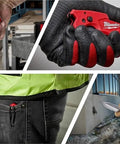 Red Black Folding Utility Knife With Multi Tool Bits And Stainless Tanto Blade being used to open bottle, door, hang on belt, cut rope.