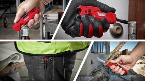 Red Black Folding Utility Knife With Multi Tool Bits And Stainless Tanto Blade being used to open bottle, door, hang on belt, cut rope.