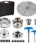 Slick Four Inch Wood Lathe Chuck Set Featuring Five Heavy Duty Jaws Plus A Sweet Ten Inch Aluminum Flat Jaw M33 To One By Eight TPI Adapter with tools in a case.