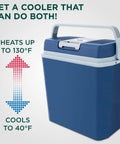 Blue 24L thermoelectric cooler and warmer for vehicles, heats to 130°F, cools to 40°F. Keep Food And Drinks Fresh On The Go With This 24 L Portable Thermoelectric Cooler And Warmer For Vehicles And Trucks With 110V Home Cord And 12V Car Adapter Road Trip Ready For Camping Travel And Picnics.