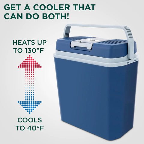 Blue 24L thermoelectric cooler and warmer for vehicles, heats to 130°F, cools to 40°F. Keep Food And Drinks Fresh On The Go With This 24 L Portable Thermoelectric Cooler And Warmer For Vehicles And Trucks With 110V Home Cord And 12V Car Adapter Road Trip Ready For Camping Travel And Picnics.