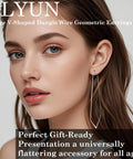 18k Gold Large V Shaped Dangle Earrings For Women worn, lightweight geometric wire, close-up view