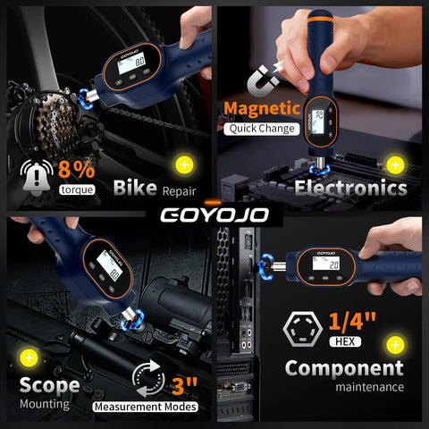 Digital Torque Screwdriver With Adjustable Range From Seven Point Zero Eight To Seventy Point Eight Inch Pounds Or Zero Point Eight To Eight Newton Meters Buzzer And Magnetic Bits Nine Hundred Ninety Nine Data Storage For Gunsmithing And Mounting used on bike, electronics, scope, and components