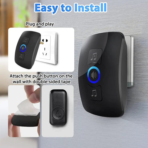 Wireless Doorbell Kit With 60 Chimes And 5 Volume Levels Plus Mute, 1000ft Long Range, LED flash alerts, showing easy setup