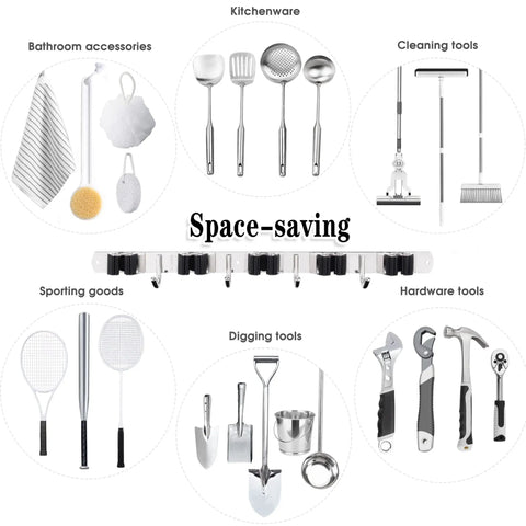 Mop And Broom Wall Mount Organizer With Five Racks And Four Hooks Stainless Steel Heavy Duty Boss Grade Tool Hanger Kit