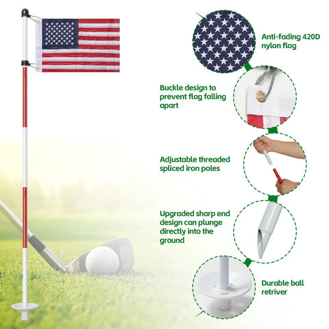 6 Foot Double Sided American Flag Golf Flagstick for Putting Green Portable Five Section Pole with USA Flag Details