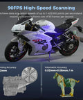Sermoon S1 3D Scanner Top Notch Metrology Grade 0.02mm scanning motorcycle at 90FPS with blue laser, also showing sample scans