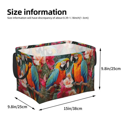 Gigantic 15 Inch Fabric Storage Basket With Strong Handles, Monster 24 Liter Closet Organizer Basket, Solid Polyester Sorting Bin To Keep Your Space Legit Crisp with parrot print.