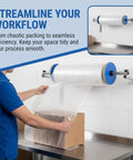 Slick Wall Mount Bubble Wrap Dispenser With Heavy Duty Galvanized Steel shows user unrolling bubble wrap to pack a box.