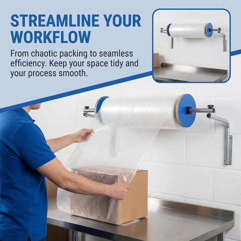 Slick Wall Mount Bubble Wrap Dispenser With Heavy Duty Galvanized Steel shows user unrolling bubble wrap to pack a box.