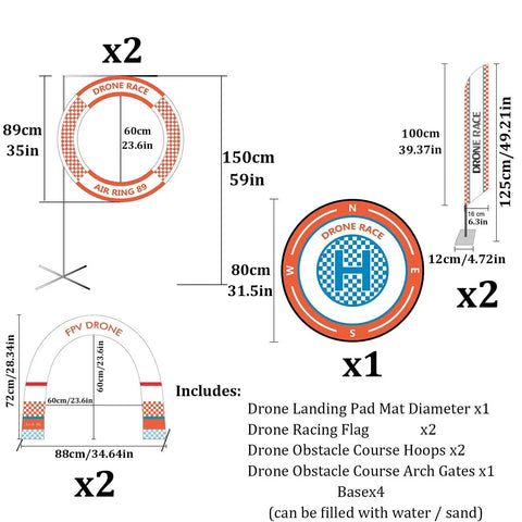 Diagram of Pro Grade Drone Racing Obstacle Course Kit For Adults And Kids, showing dimensions and components with customizable tracks.