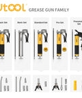 UTOOL grease gun kit gallery: 5 sets (Basic, Basic, Standard, Pro, Pneumatic) with yellow pistol-grip guns and hoses.