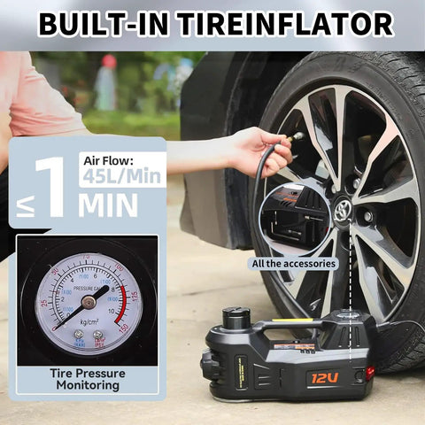Electric Hydraulic Car Jack Kit 5 Ton 12V Portable Floor Lift with built-in tire inflator used on a car tire with pressure gauge