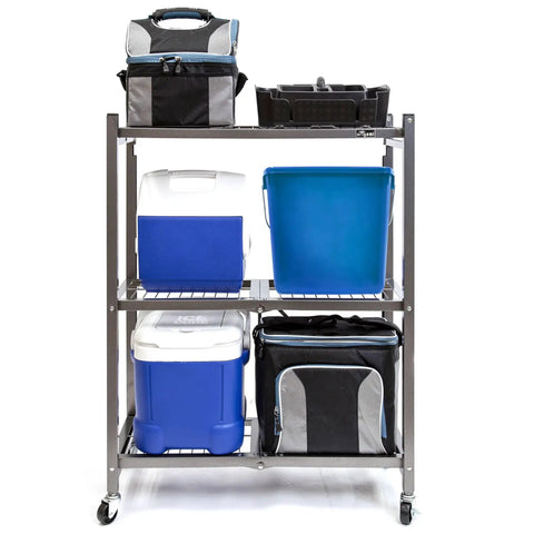 Three Tier Foldable Storage Shelf On Wheels, Heavy Duty Rolling Rack, Pewter Finish, Preassembled Portable Steel Organizer For Garage, Laundry, Shop Or Craft Room, Grab And Go Mobile Storage