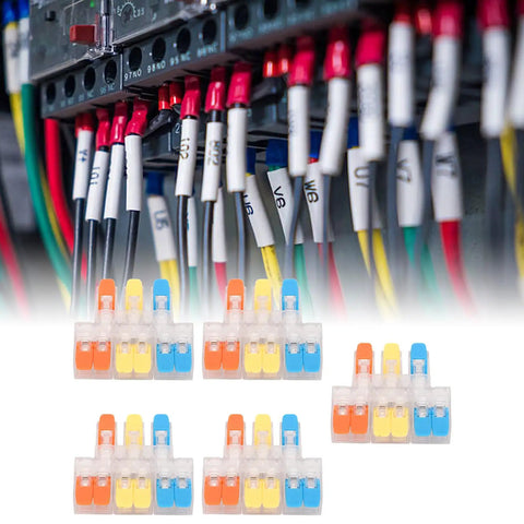 3 In 6 Out Quick Wiring Splice Cable Connector 41A 450V with red copper contacts in PA fire retardant housing near control panel.
