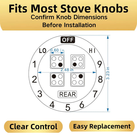 Diagram showing the fit and dimensions for Stove Dial Stickers For Oven And Range Knobs Easy Read Knob Symbol Decals Replacement Indicator