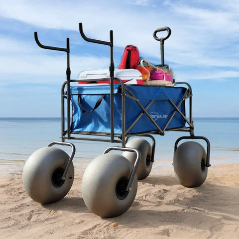 Balloon Wheel Beach Wagon With Chair Racks Collapsible Fishing Cart For Sand Heavy Duty 300 lb Capacity 10 inch wheels