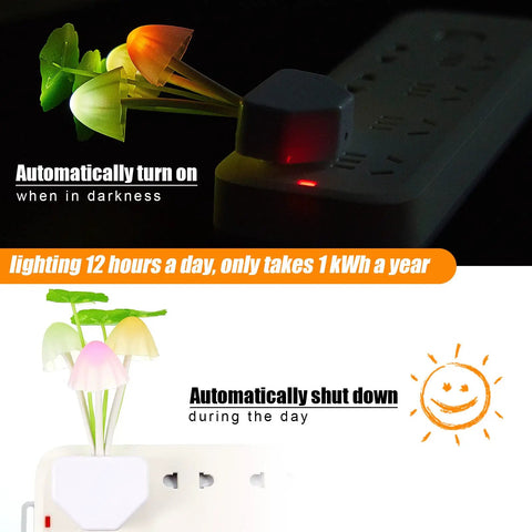 Eight Piece Mushroom Night Light Set With Seven Color Changing LED Lamps showing automatic on-off sensor feature