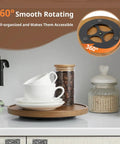 9 Inch Acacia Wood Lazy Susan Turntable Organizer in cabinet with cups, coffee beans, and jar, showing 360° rotation feature.