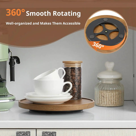 9 Inch Acacia Wood Lazy Susan Turntable Organizer in cabinet with cups, coffee beans, and jar, showing 360° rotation feature.