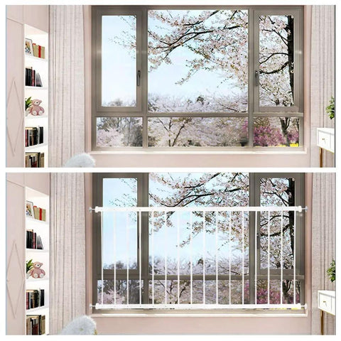 Extra Wide Window Safety Gate For Home Use Kids And Pets Safe And Secure Fits Sliding Windows From 19.49 To 33.60 Inches No Drilling Pressure Mount Easy Install White 2 Piece Set installed in window