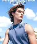 Person wearing Portable Neck Fan Rechargeable Personal Cooling Gadget With 5000mAh Battery Five Speed Quiet Bladeless Wearable Fan