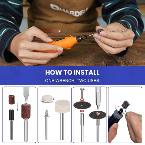 Must-Have Rotary Tool Bits Kit For Dremel And Other Brands, 508-Piece Universal Set showcasing tool installation process.