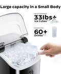 Black countertop nugget ice maker with a clear lid; hand scooping ice pellets from the bin.