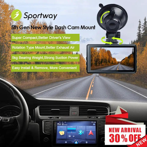 Compact Suction Cup Dash Cam Mount With Four 360 Degree Joints, 5th Gen S504 shown installed on car dash with scenic road view