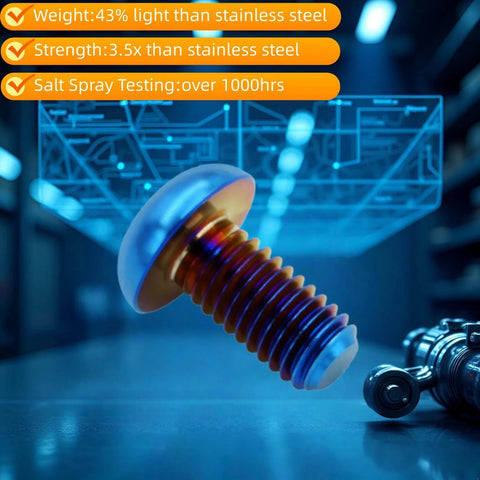Beefy Lightweight Titanium Bolts M5x10 10 Pieces With PVD Coating For Superior Corrosion Resistance In Humid And Salty Environments Hex Socket Screws For MTB And Road Bike Water Bottle Cage Burnt Blue shown with futuristic background.