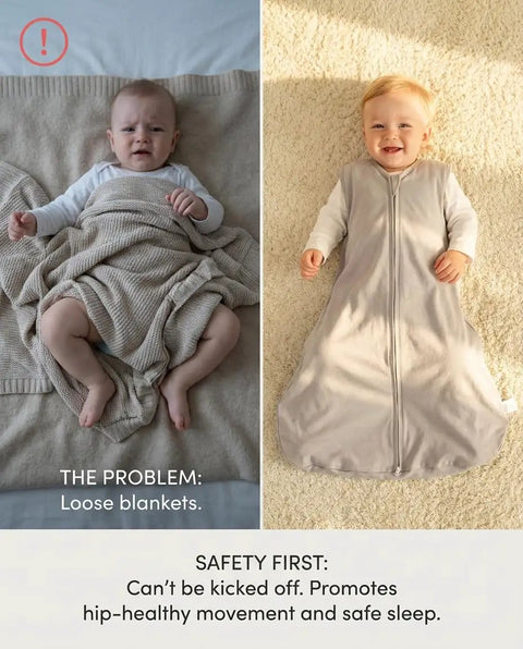 Comparison showing baby with loose blanket versus baby in Three Pack Baby Sleep Sack 0-6 Months Lightweight 0.5 Tog Wearable Blanket.