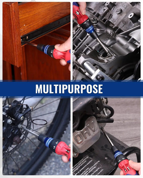 Using Ratcheting 12 In 1 Screwdriver Set With Quick Load Mechanism on wood furniture, bicycle, and engine parts for DIY projects.