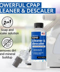 CPAP Cleaning Solution Duo Pack 2 x 8 Oz Bottles With Citric Acid Descaler, Residue-Free Formula For Safe Plastic Components, Sleep System Cleaner, On-The-Go Travel-Friendly Pack For Easy Maintenance on bottle and CPAP mask