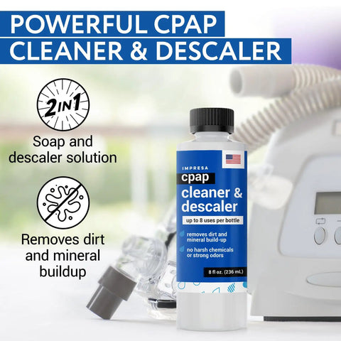 CPAP Cleaning Solution Duo Pack 2 x 8 Oz Bottles With Citric Acid Descaler, Residue-Free Formula For Safe Plastic Components, Sleep System Cleaner, On-The-Go Travel-Friendly Pack For Easy Maintenance on bottle and CPAP mask
