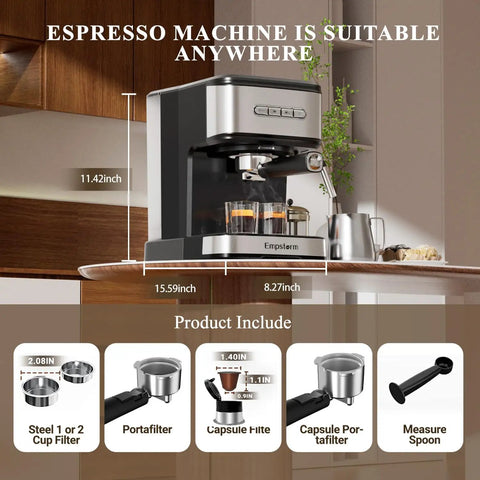 Kick Your Daily Coffee Grind Up With This Pro Stainless Steel Espresso Machine Slingin Bold Shots At 20 Bar Pressure For Rich Crema And Creamy Cappuccinos Using A Smart Dual Filter Setup on kitchen counter with brewing shot.