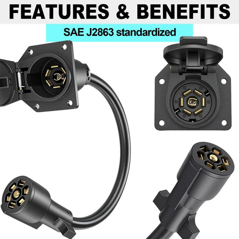 Heavy Duty 7 Way Trailer Extension Cord Plug And Play One Foot Wiring Cable With Socket For RV Camper Trailers close-up of connectors