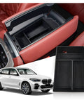 BMW Center Console Organizer Tray for 2020 to 2026 X5 X6 X7 Models in red interior, front view with tray and car