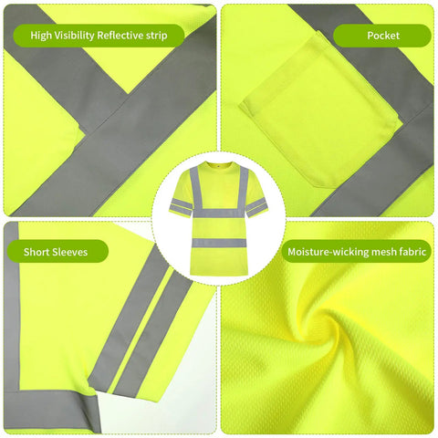 Close-up of Six Pack Of XL High Visibility Reflective Safety T Shirts showing reflective strip, pocket, short sleeves, mesh fabric