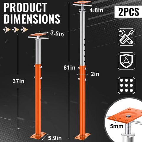 Dimensions of 2 Pack Adjustable Screw Jack Posts Built Like A Rock With Zero Hassle Setup, 37 To 61 Inch Height Range, Heavy Duty Basement Floor Support For Joist Lifting And Cellar Ceilings, 11023 Lbs Safe Lift Capacity, Orange.