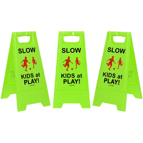 Bright Green Slow Down Kids At Play Sign For Street Caution Children Playing Outdoor Safety Sign For Driveways Yards And Neighborhood Roads 3 Pack Durable Weatherproof Plastic Set.