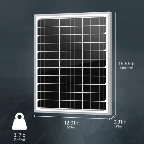 20W 12V Monocrystalline Solar Panel For Off-Grid RV Boat Camper Trailer And Gate Opener with dimensions and weight.