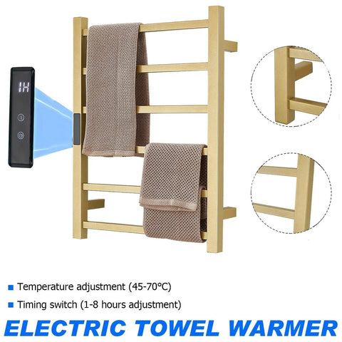 Gold Six Bar Wall Mounted Towel Warmer Rack With Timer Stainless Steel Electric Heated Rail For Bathroom