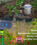 WiFi Soil Moisture And Temperature Sensor For Lawn Garden And Greenhouse With Real Time App Alerts No Hub Needed IP65 Waterproof Compatible With Smart Life Tuya Apps A Practical Gift For Any Gardener Seeking Precise Watering And Plant Health installed in soil with smart sprinkler timer.